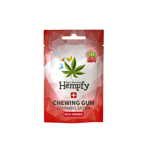 Hempfy Kaugummi-Box Rot (Goji Beere-Ginger Geschmack), Schachtel mit 14 Beuteln mit je 11 Big-Size Kaugummis - Hempfy Deutschland