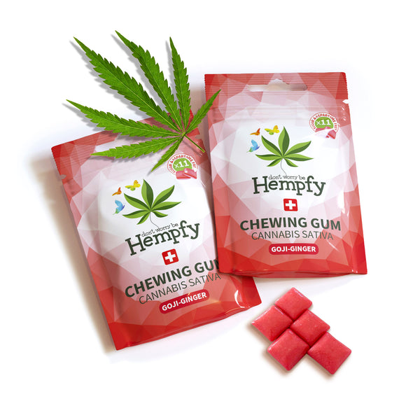 Hempfy Kaugummi-Box Rot (Goji Beere-Ginger Geschmack), Schachtel mit 14 Beuteln mit je 11 Big-Size Kaugummis - Hempfy Deutschland