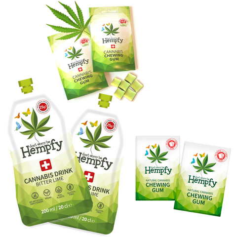 Probeset unserer Hempfy-Produkte, 4 Kaugummi-Packs und 2 Getränke - Hempfy Deutschland